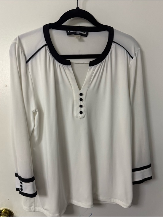 Karl Lagerfeld Tops - Karl Lagerfeld White Long-Sleeve Top with Black Trim and Button Placket